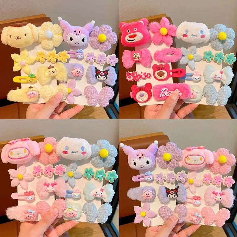 Cartoon Sanrio Kuromi Plush Hair Clip Cute My Melody Cinnamoroll Soft Children's Hair Accessories Set Girls Holiday Gifts