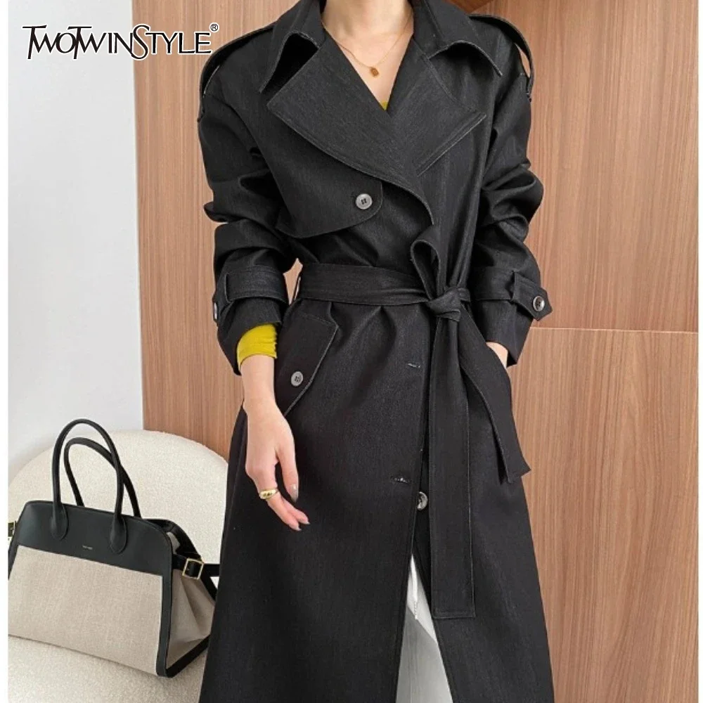 

TWOTWINSTYLE Solid Spliced Button Slimming Trench for Women Lapel Long Sleeve High Waist Long Coat Female Fashion Style