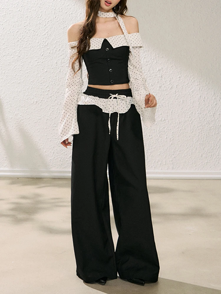 

Polka Dot Splice Long Sve Bridesmaid Outfit Women's High Waist Slim Wide Leg Pants Two Piece Set Korean Sle Autumn Faion