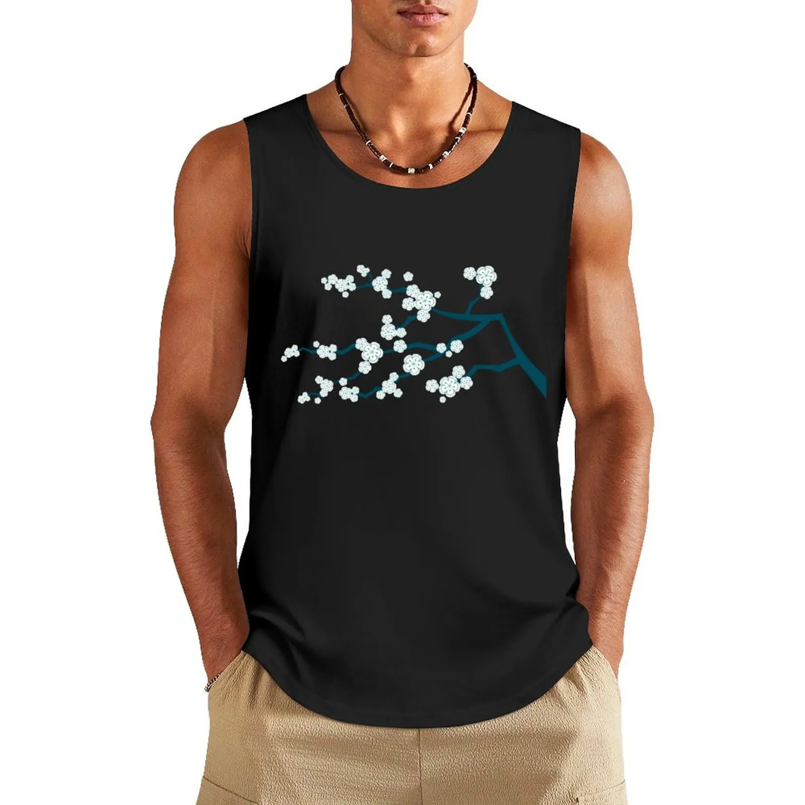 

White Oriental Cherry Blossoms On Turquoise Blue Zen Japanese Sakura Flowers  fatfatin Tank Top clothing men Japanese t-shirt