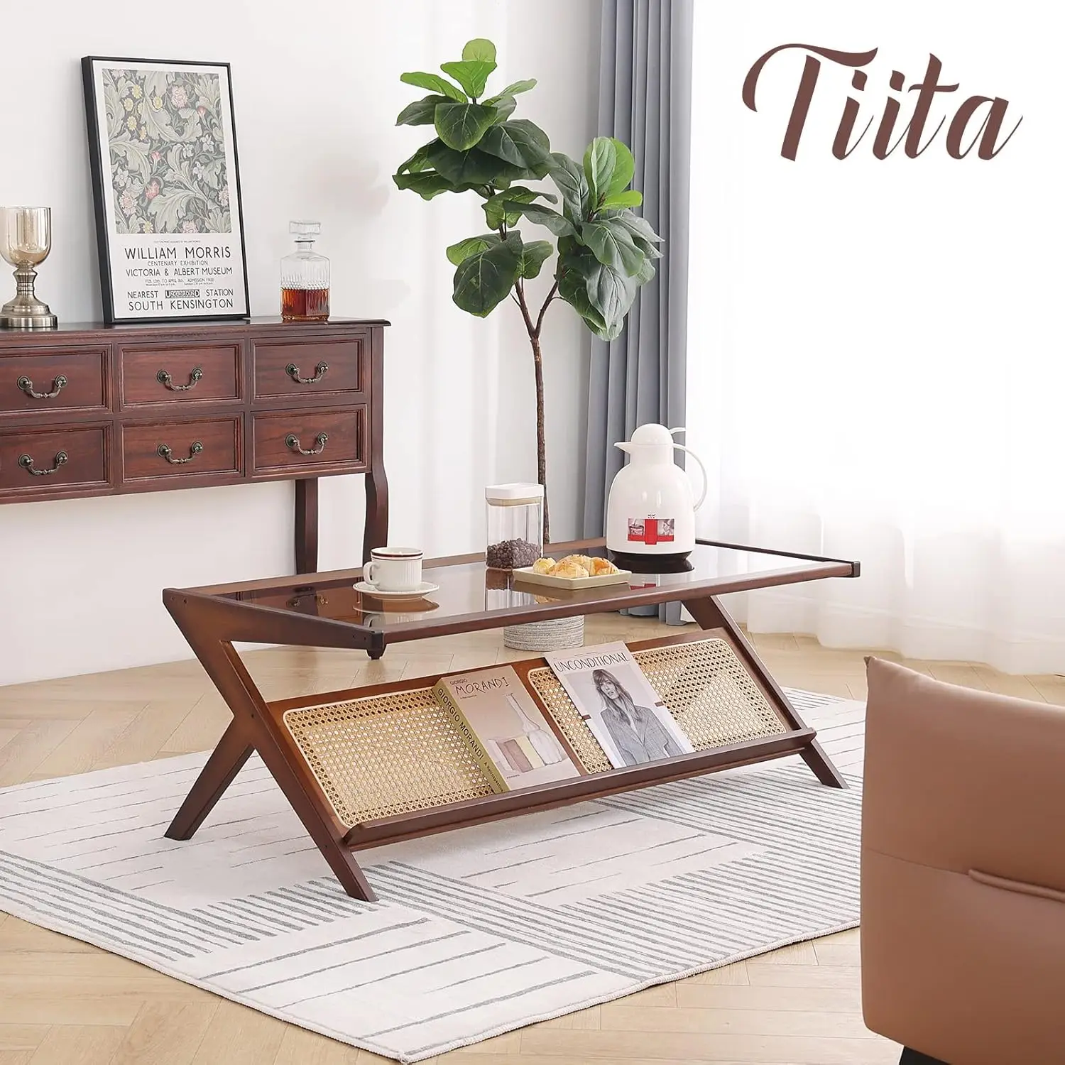 Tiita Rattan Coffee Table, Bamboo Accent Bedside Tables, Glass Nightstand Side Table, Boho Wooden End Table With Storage For