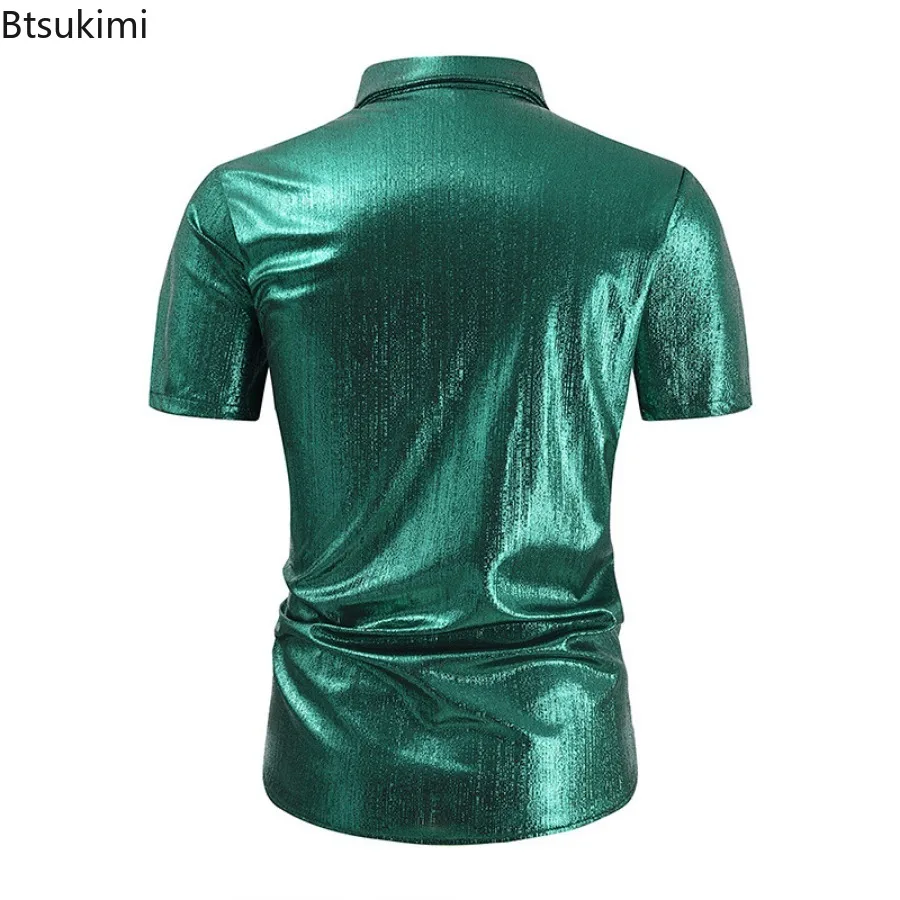 New 2025 Men's Shiny Short-sleeved Shirts Summer Vintage Casual Cardigan Tops Fashion Slim Hipster Shirts Male Trend Streetwear