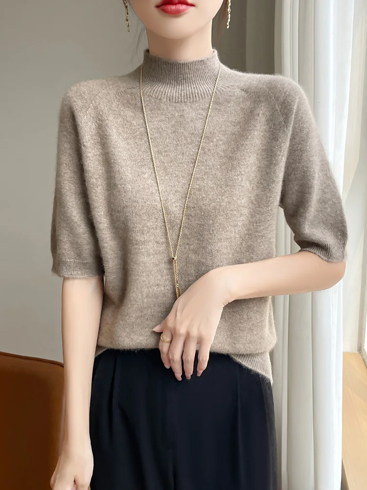 Short Sleeve Women Sweater Basics 30% Merino Wool Female Knitted Pullover Summer Clothing Tops Solid Casual Mock Neck T Shirts