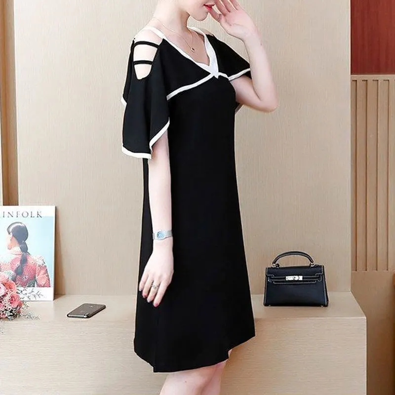 Women\'s Clothing Elegant V-Neck Off Shoulder Midi Dress Fashion Ruffles Spliced Summer Sweet Solid Color A-Line Waist Dresses