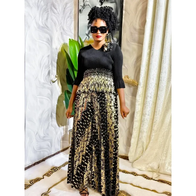 ผู้หญิงหรูหราชุดราตรี Miyake จีบทองแขนยาวชุดแอฟริกันพรหมอาหารค่ําอย่างเป็นทางการขนาดใหญ่ Elegant เสื้อผ้าขนาดใหญ่ความยืดหยุ่น