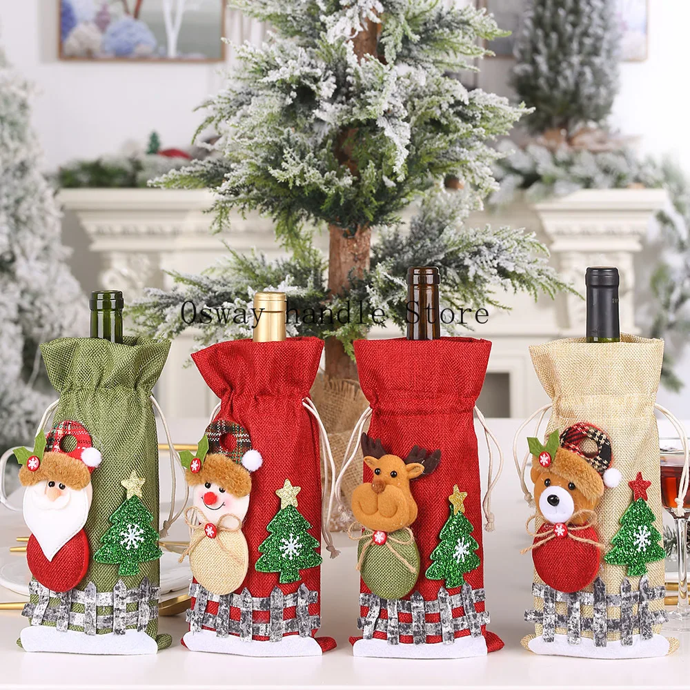 Christmas Wine Bottle Cover Santa Claus Champagne Bottle Cover Drawstring Bag Table Decor New Year 2022 Xmas Navidad Gifts