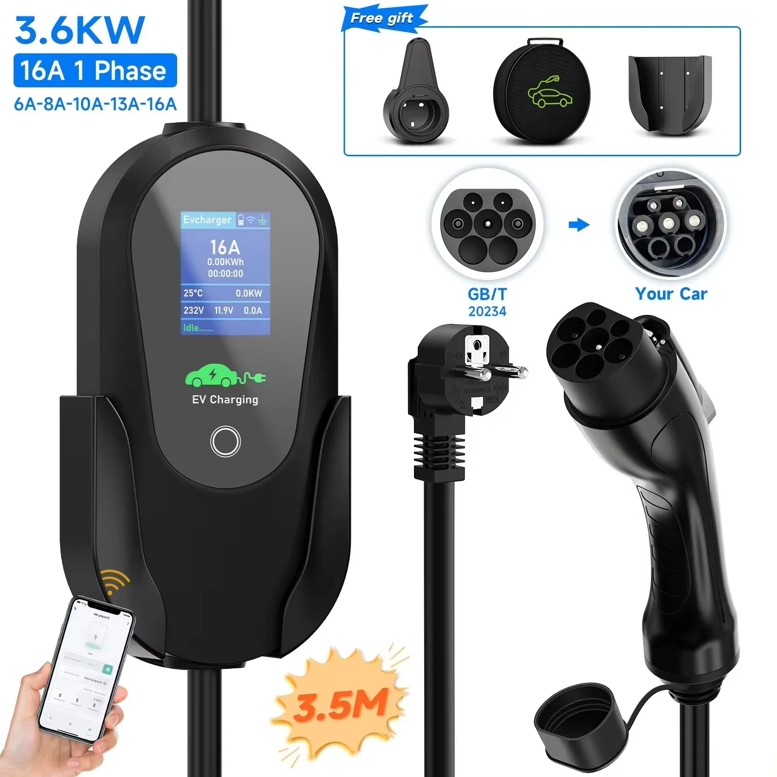 AFEEV Type 2 draagbare EV-oplader 3,6 kW 16A 1 fase Wallbox Type1/GBT EVSE snellaadkabel EU-stekker WiFi APP Bluetooth-bediening