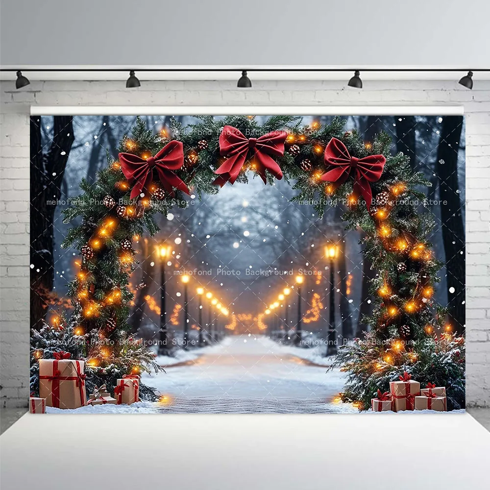 

Фон для фотосъемки Mehofond, зимняя рождественская арка, дверь, снежная дорожка, красный бант, лесная подарочная коробка, детский семейный портретный фон, декор