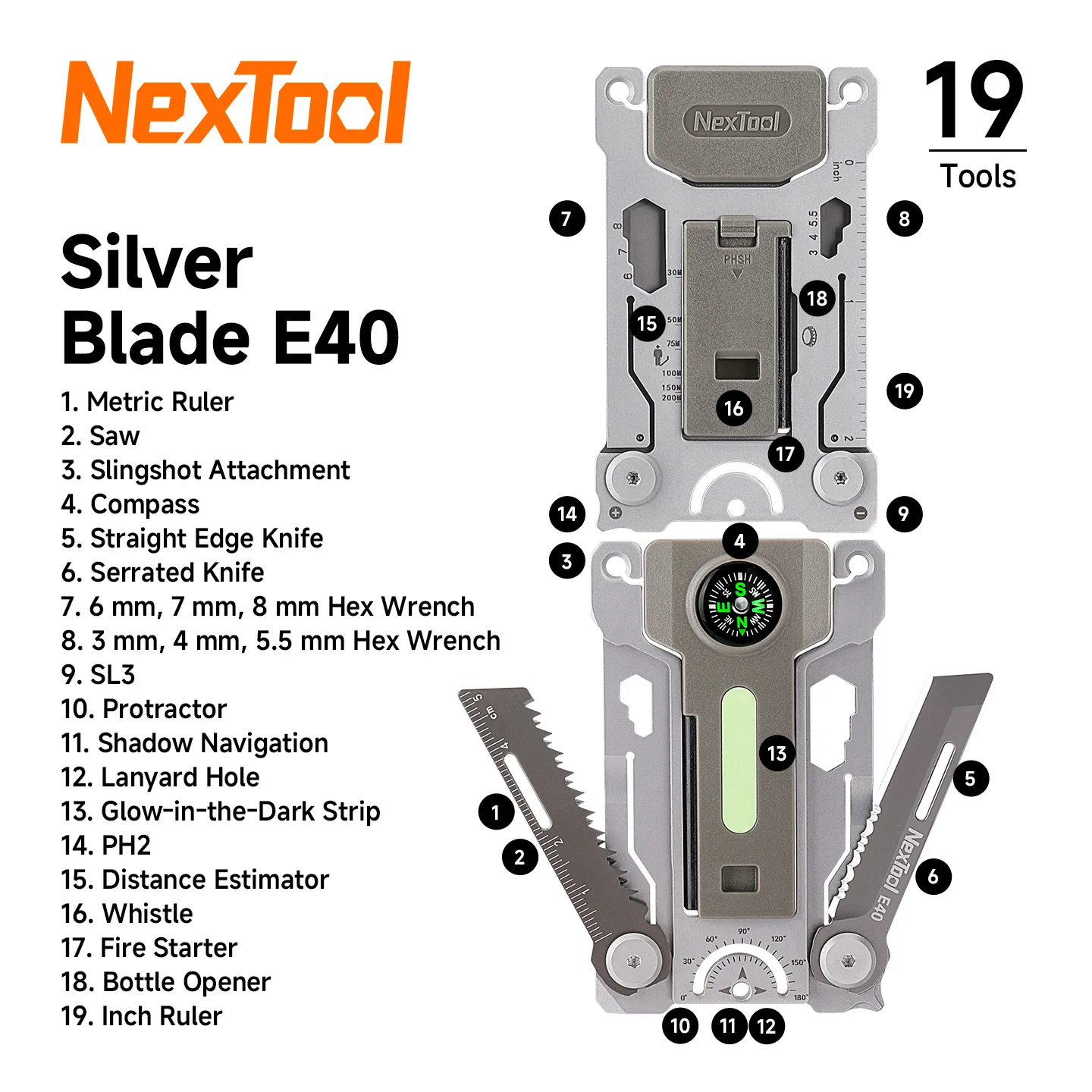 NexTool Silver Blade E40 19 in 1 Multitool EDC Tool Pocket Knife Ruler Saw Protractor Survival Gear Emergency Kit for Outdoor