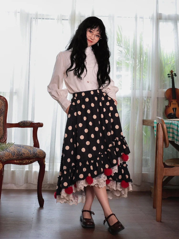 TIYIHAILEY-Long Mid-Calf Corduroy Skirts Women, Elastic Dot Skirts, Winter Autumn,New Fashion, 2025 Lace Patchwork Black