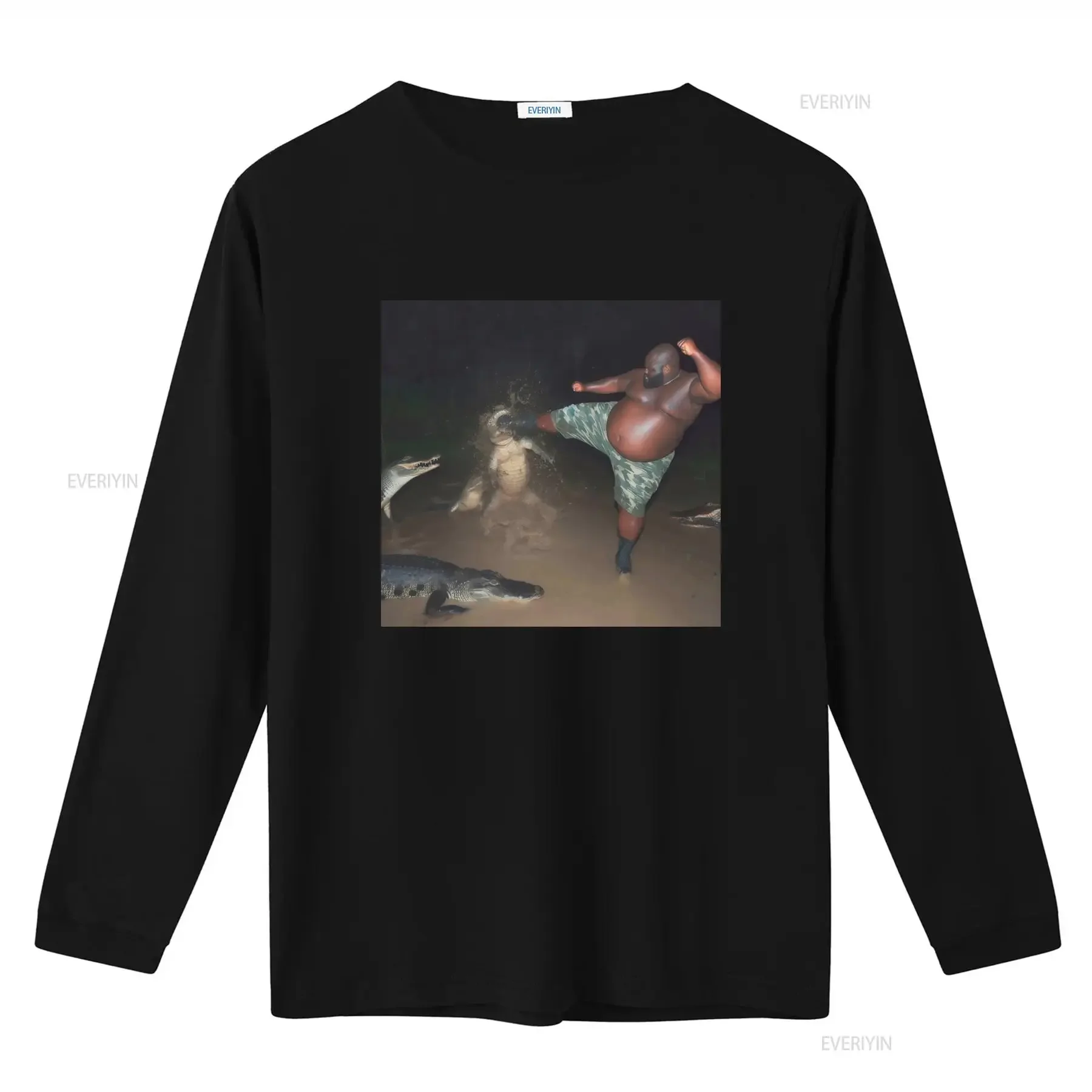 Funny Man Kicking Alligator In Head T Shirt Meme Ironic Parody Style vintage Washed Casual streetwear designer clothes homme