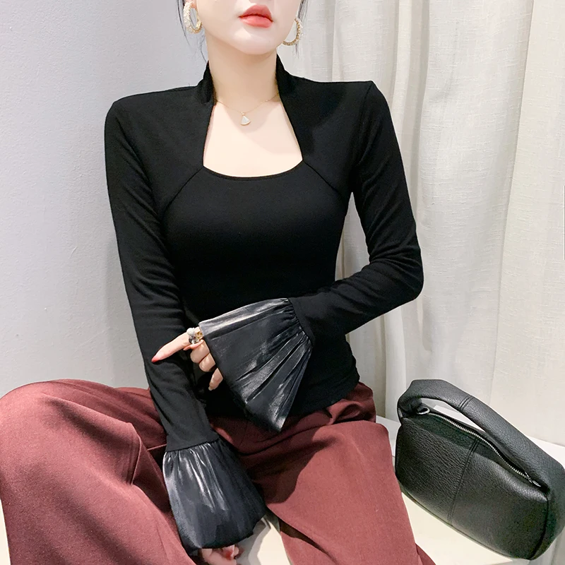 Women's Long Sve Floing Base irt Square Collar Bell Sve T-irt Autumn Winter Street Sle Slim Fit  Color Top