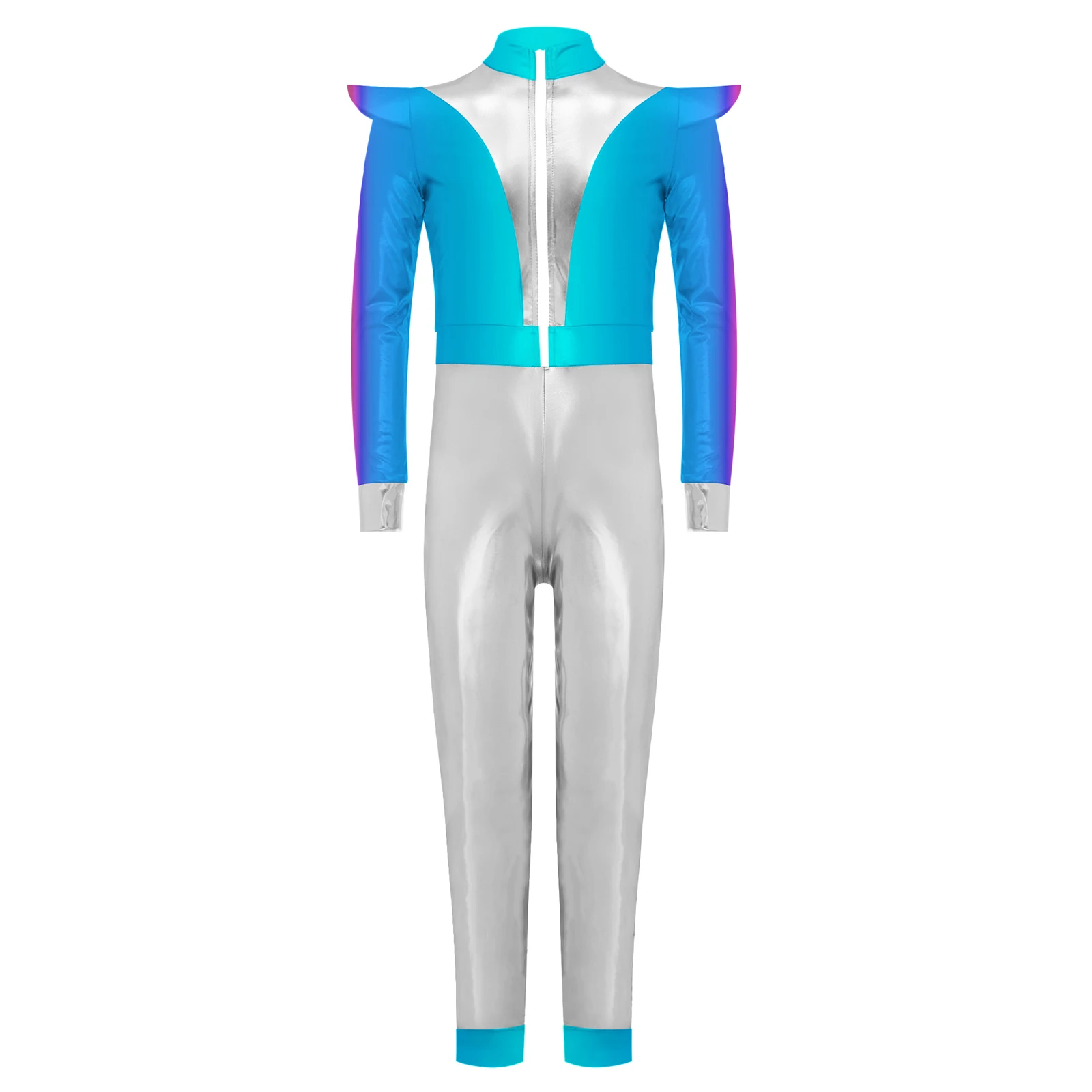

Kids Girls Alien Outer Space Robot Halloween Cosplay Costume Front Zip Long Bodysuit Jumpsuit Shiny Metallic Cutie Costume