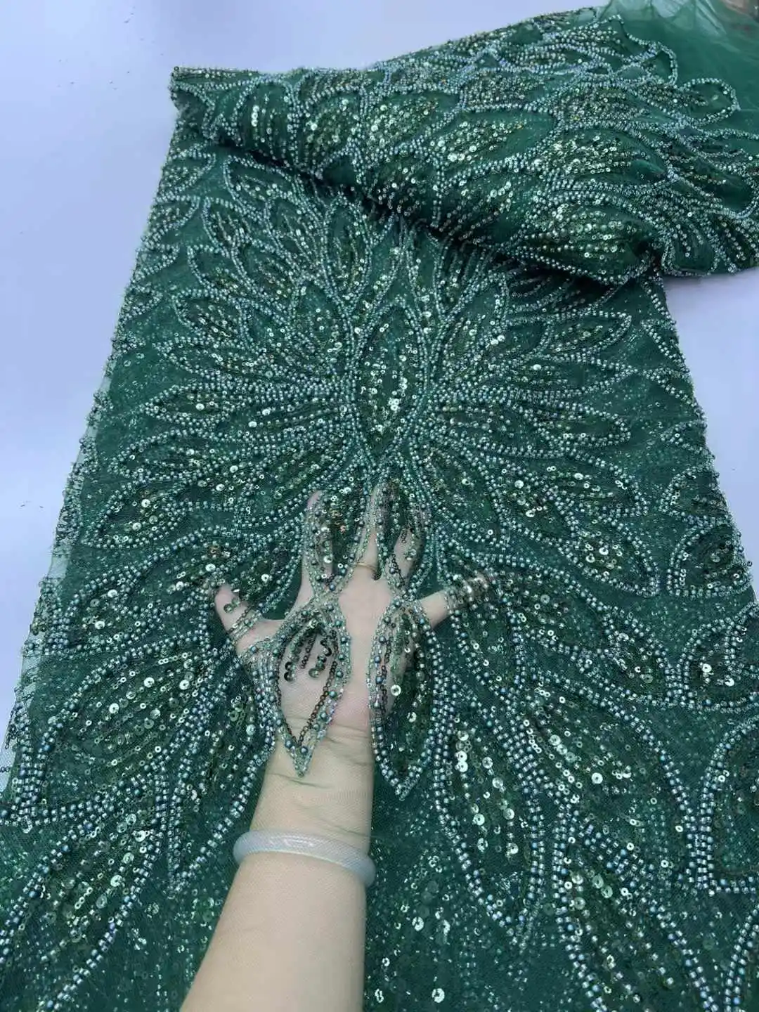 

New Design Luxury French African Handmade Beads Tulle lace Latest Embroidery Sequins Mesh Lace Nigeria Fabric For Wedding Dress