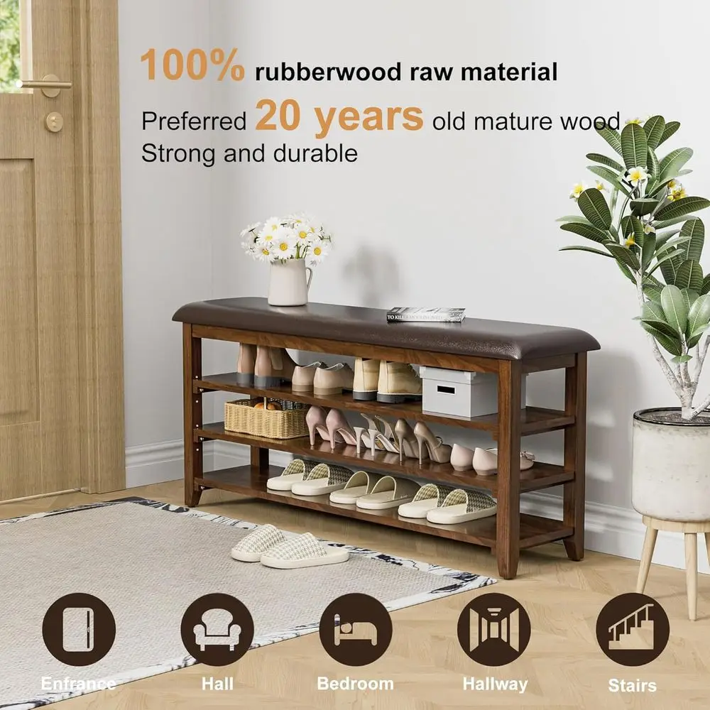 Rustic 3-Tier Adjustable Height Wood Shoe Bench with Leather Cushion, Brown, 47.2 for Hallway & Mudroom Storage