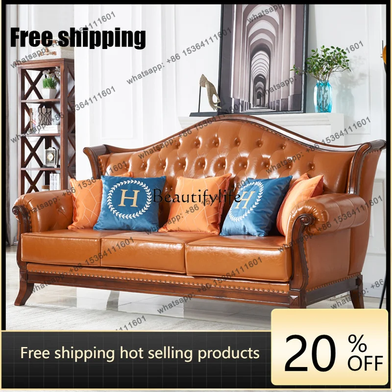 Factory Direct  American solid wood leather sofa combination European living room first layer cowhide large apartment