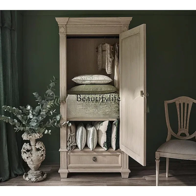 

yj7 French Retro Solid Wood Single Door Bedroom Wardrobe American Hand-Carved Storage Cabinet