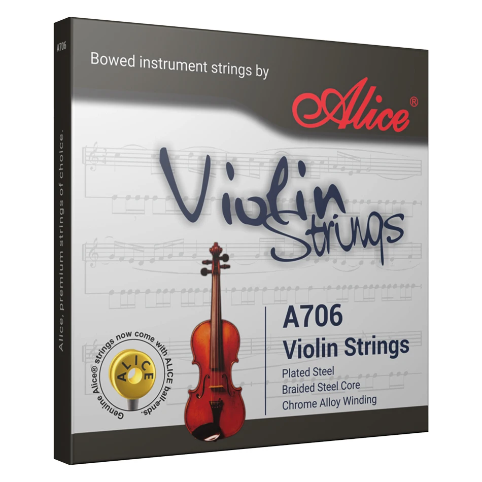 Alice A706 Violinsaiten-Set, geflochtener Stahlkern, verchromte Legierungswicklung, plattierter Stahl für Violine, Größe 4/4, 3/4, 1/2, 1/4, 1/8