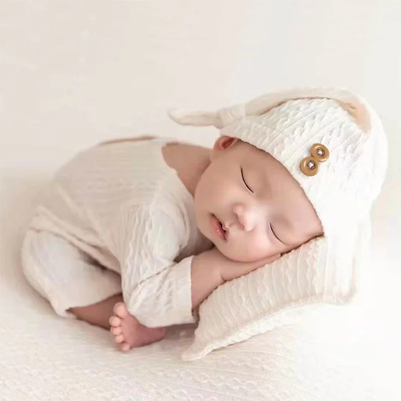 Newborn Photography Props Photo Props Knitting Clothes Baby Jumpsuit Knot Hat Set Infants Boy Gril Shooting Bodysuit Beanies