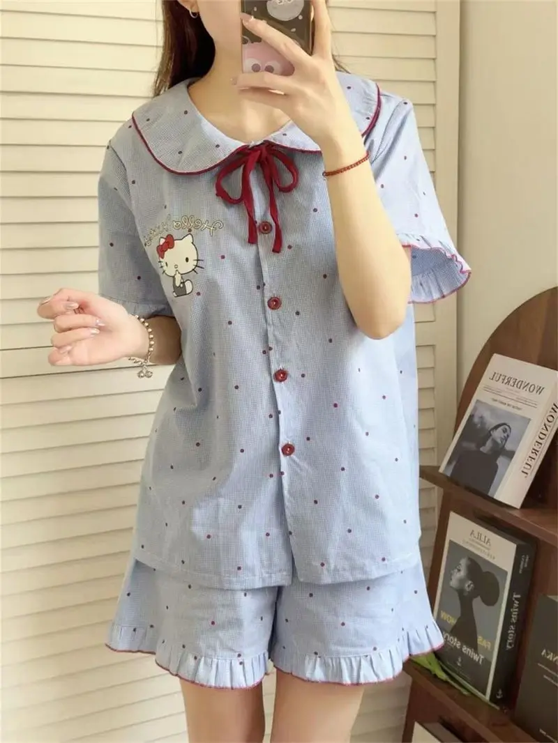 Sanrio Pajamas Sets Hello Kitty Pyjamas Y2K Shorts Short Sleeve Sleepwear Summer Nightwear Women's Pijama Home Clothes 2 Pieces