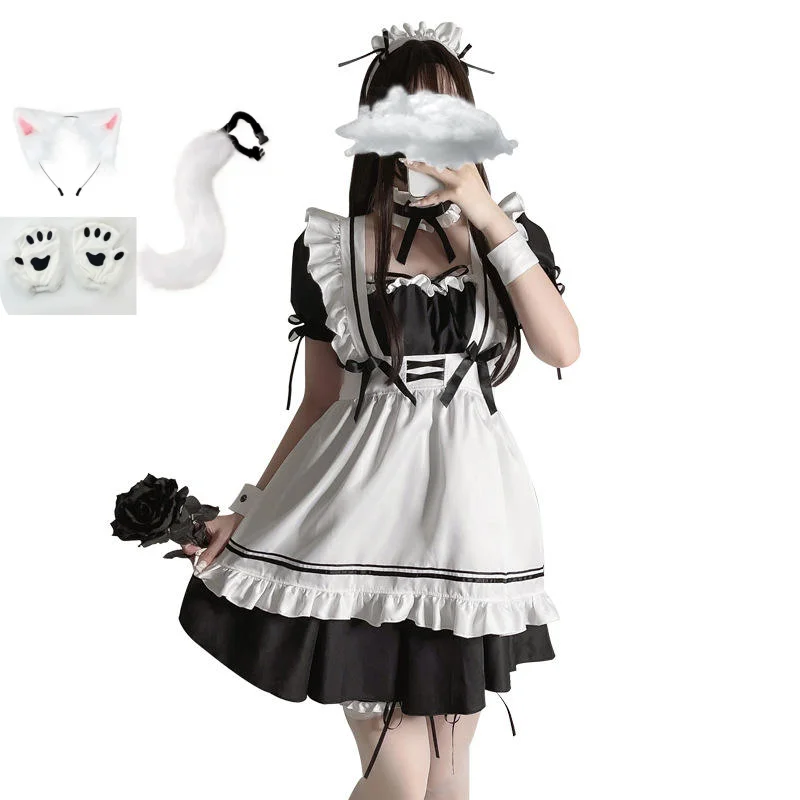 

Maid Cosplay Cute Lolita Maid Costumes Dress Anime Fox Cat Ears Headwear 4pcs Fluffy Animal Headband Ears Hair Hoop and Tail Set