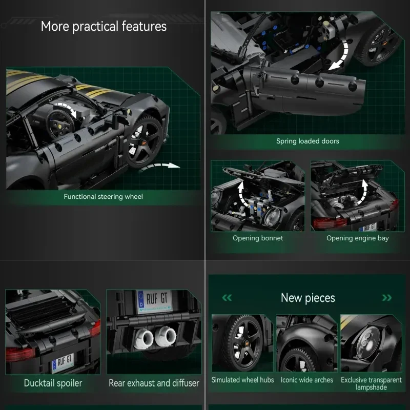 Cada 1655 pçs 1:10 novo 2024 rc clássico alemanha 2019 carro esportivo led blocos de construção cidade controle remoto carro corrida tijolos brinquedos menino