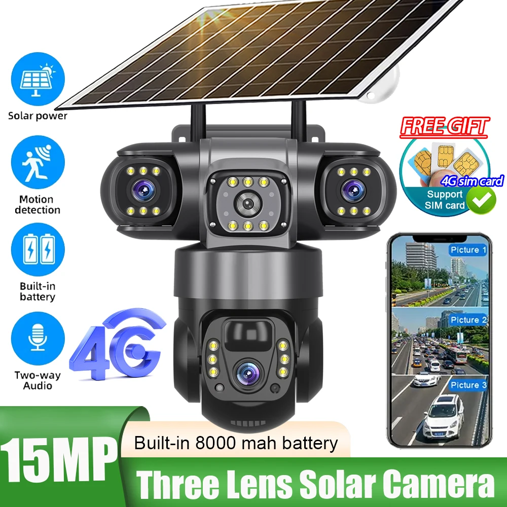

4G Sim Solar Outdoor Security Camera With Three Lens 15MP Waterproof PIR Humanoid Detection PTZ Control App Remote CCTV Cameras