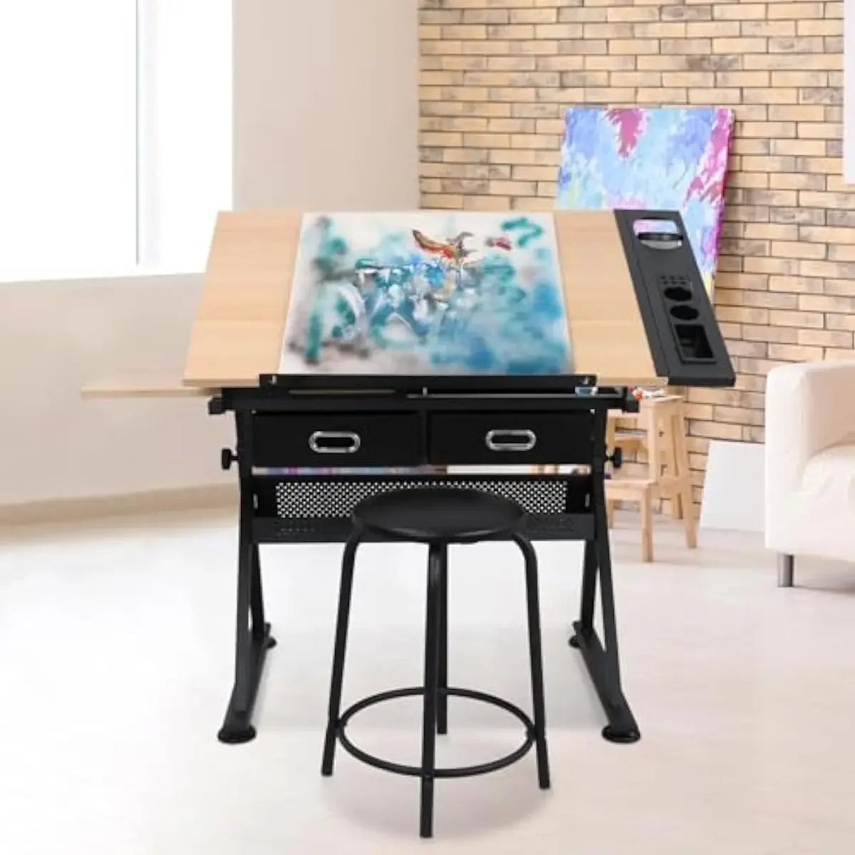 Adjustable Drafting Desk with Tilting Wood Top 45° Angle Control Modern Alloy Steel Frame Non-Slip Floor Pads Dual Work Surfaces view 5