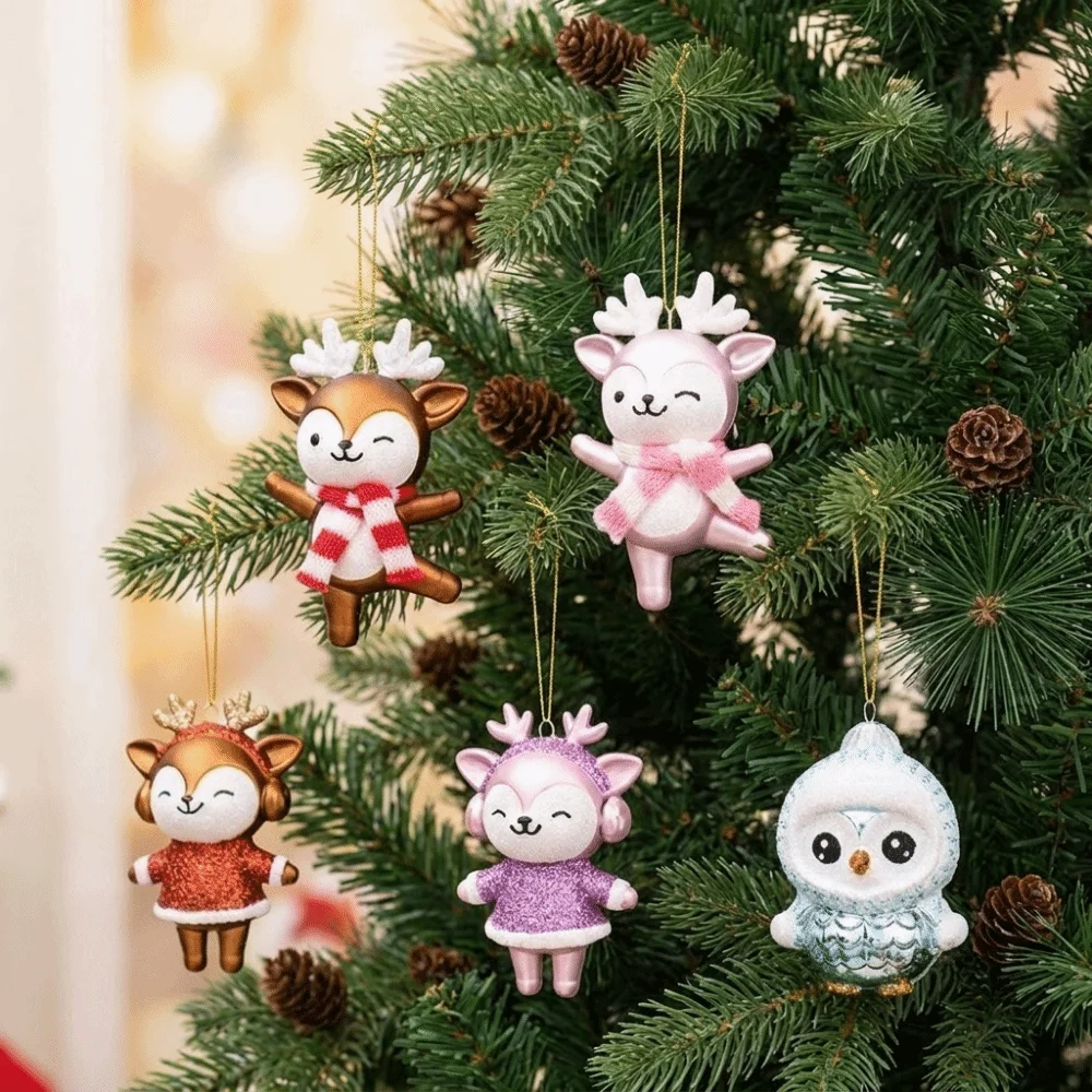 Plastic Xmas Penguin Reindeer Pendant Electroplated Cute Christmas Tree Hanging Pendant Glitter Powder