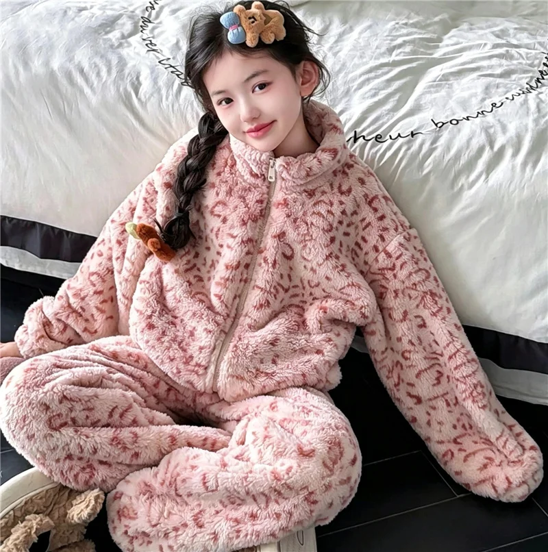 Girls Fleece Pajamas Sets Winter Thickened Warm Double-sided Clothes Suits Children Padded Leopard Print Outfits 5-14 Years