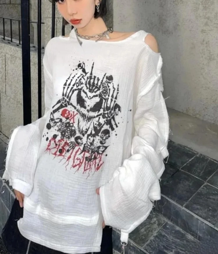 KOSAHIKI Gothic Skull Print Loose T Shirt Women Off Shoulder Long Sleeve Japanese Harajuku Thin T-shirt Korean Fashion Y2k Tee