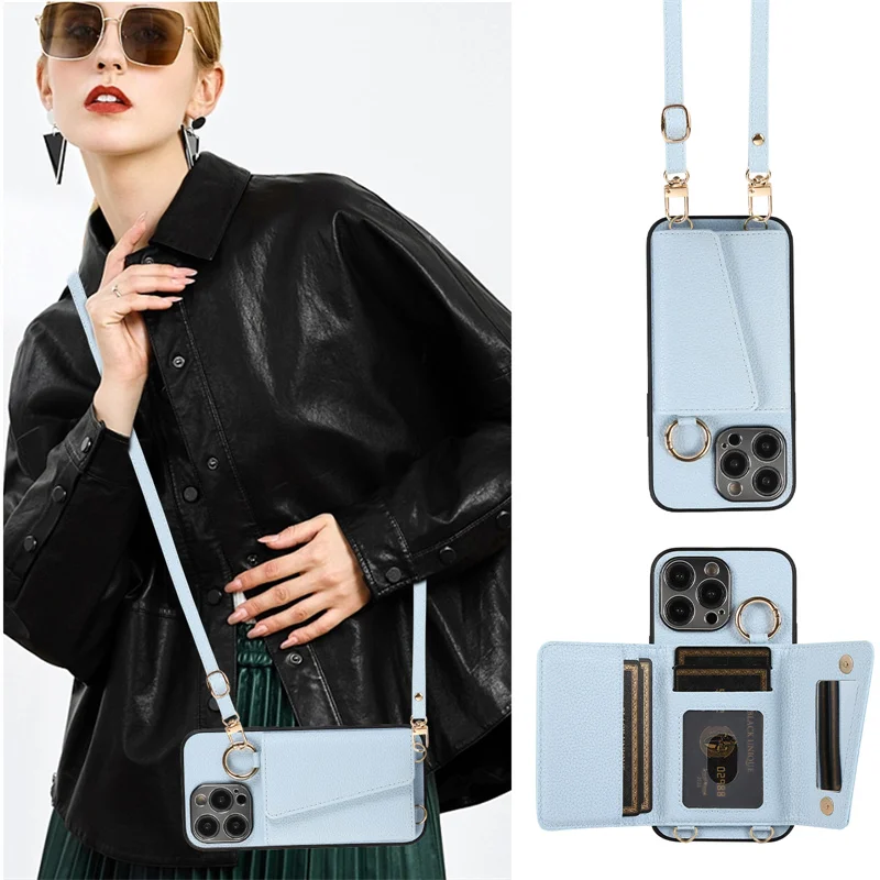 Trendige Crossbody-Hülle mit Lanyard, Make-up-Spiegel und Kartenfächern für iPhone 18, 18 Pro, 16, 17 Pro Max, 15, 14, 13, 12 mit Ringhalter – Detail 12