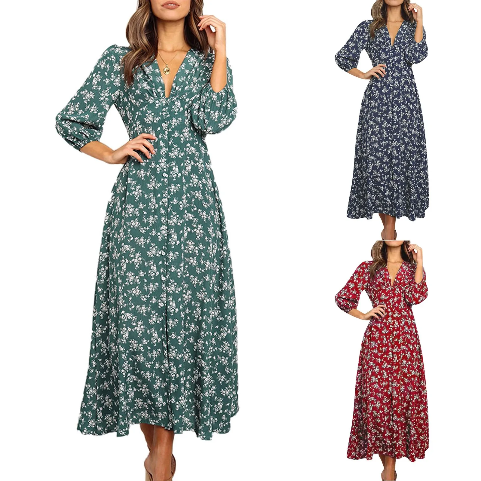 Women's Summer Dresses Elegant Floral Print Trendy Party Dress Sexy V Neck Long Sleeve Boho Slim Fit Maxi Beach Dress