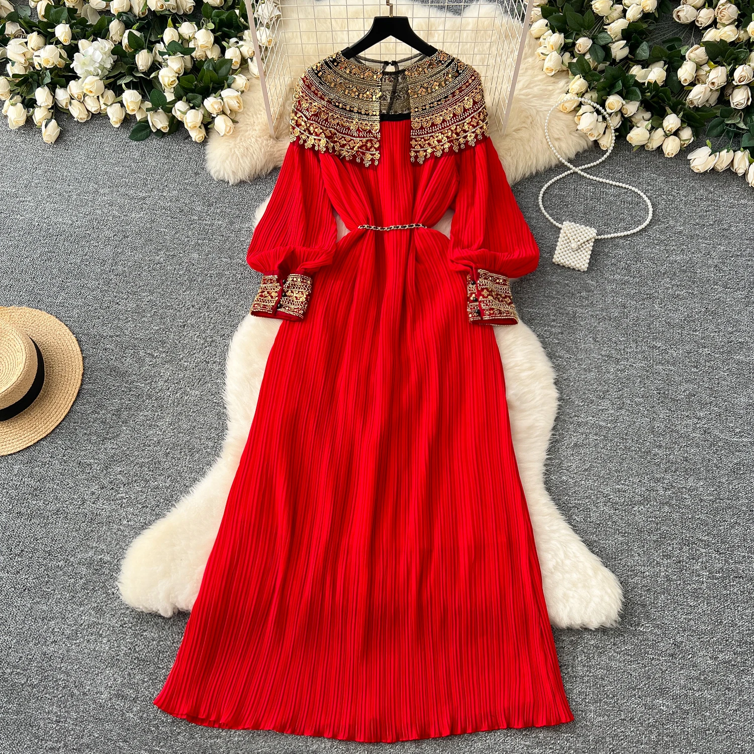 Elegant Long Sleeves Vintage O-neck Chic Embroidered Beads Sequin 3D Floral Slim Pleated Dresses Evening Autumn Women Clothing