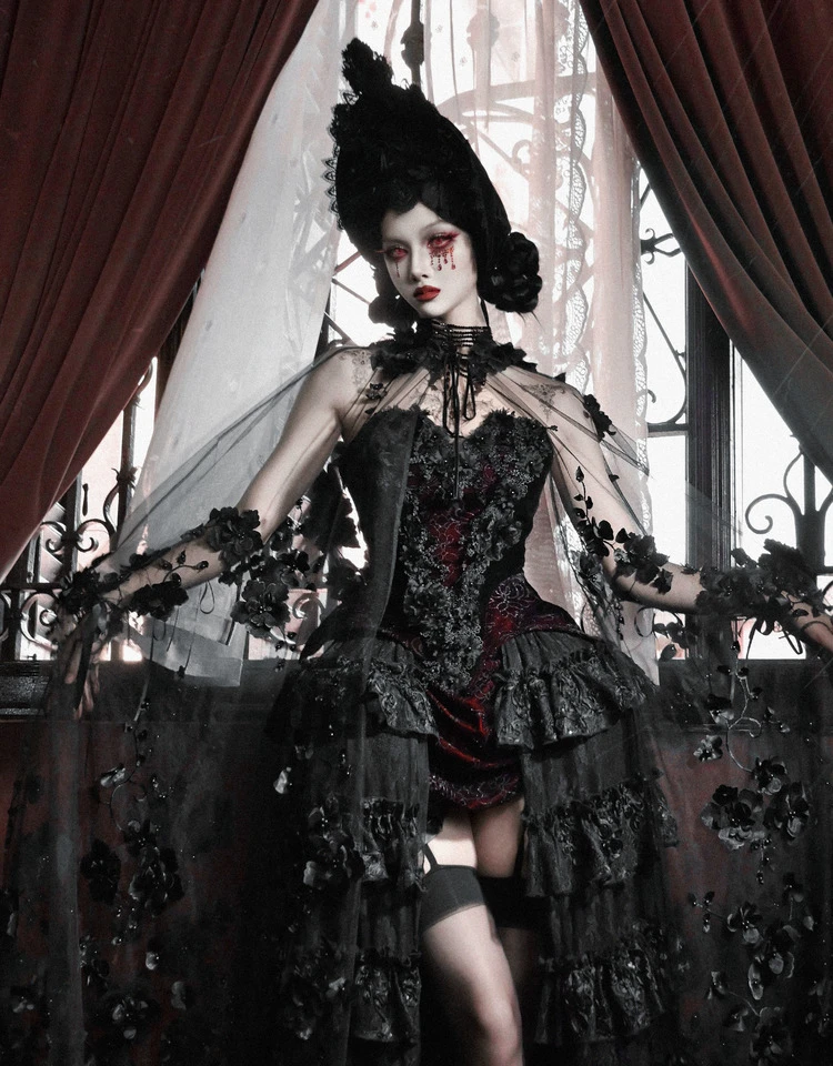 Blood Supply Original Design Gothic Florals Beading Embroidery Hooded Long Ponchos Transparent Meash Halloween Cape Winter