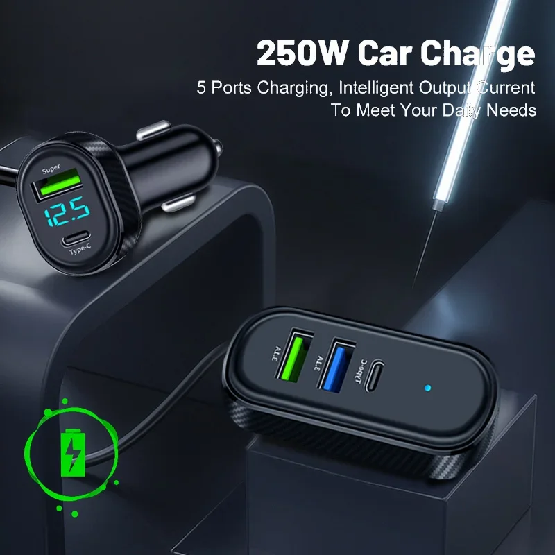 12V-24V 100W Max 5-in-1 Car Charger 66W Super Fast Charging Dual USB+Type C with Voltage Display 150cm Cable for IPhone/Android