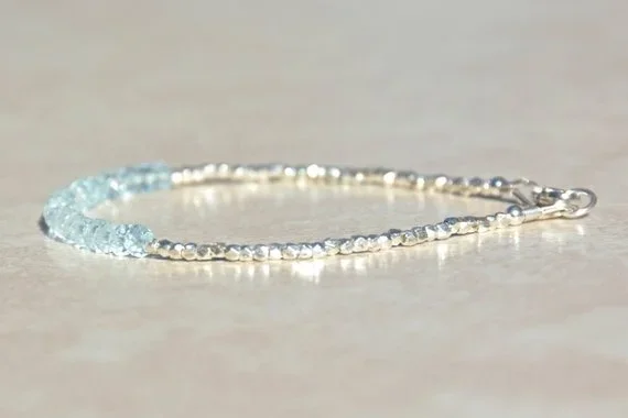Aquamarine, March Birthstone Gem Bracelet, Aquamarine Beading, Bridesmaid Gift