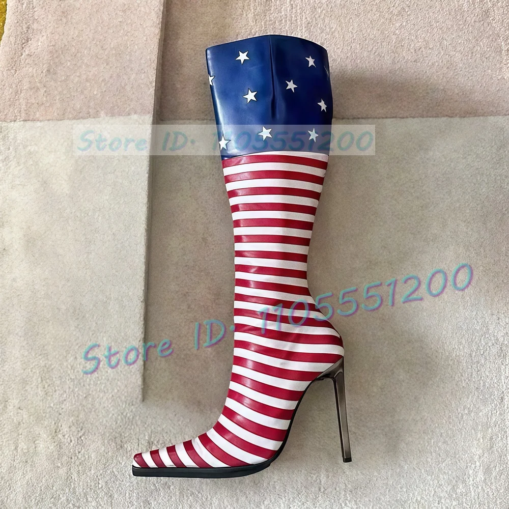Red Stripe Patchwork Leather Boots Women Sexy Pointy Toe Side-zip High Heels Shoes Ladies Star Print Mixed Colors Party Sandals