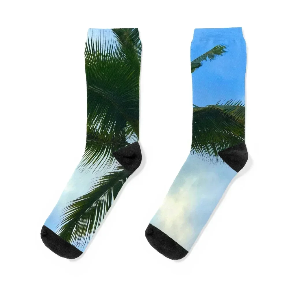 Hawaiian Tropical Palm Tree In Sky Art Photo Socks Antiskid soccer cartoon designer Socks Female Men's