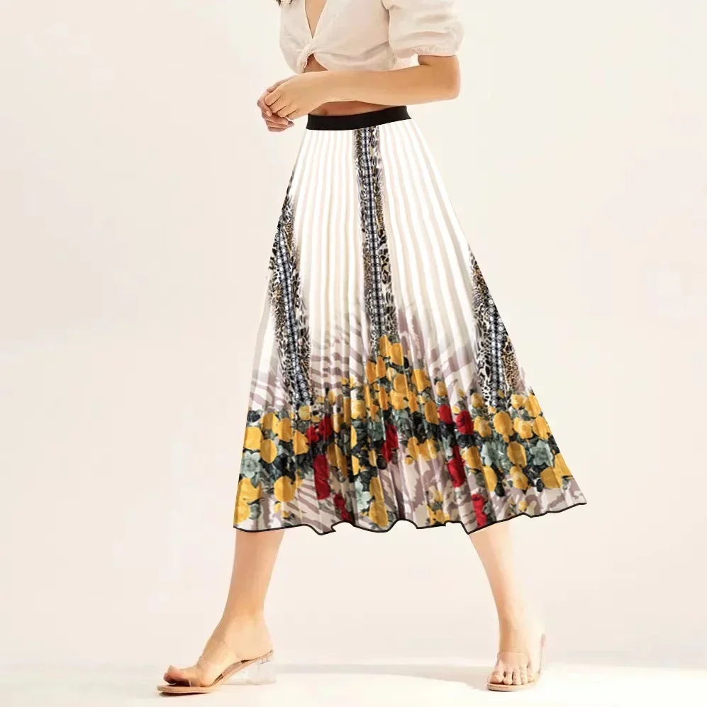 Women's Elastic Waist Niche Spring/summer New Print Medium Length Pleated Large Hem A-line Skirts