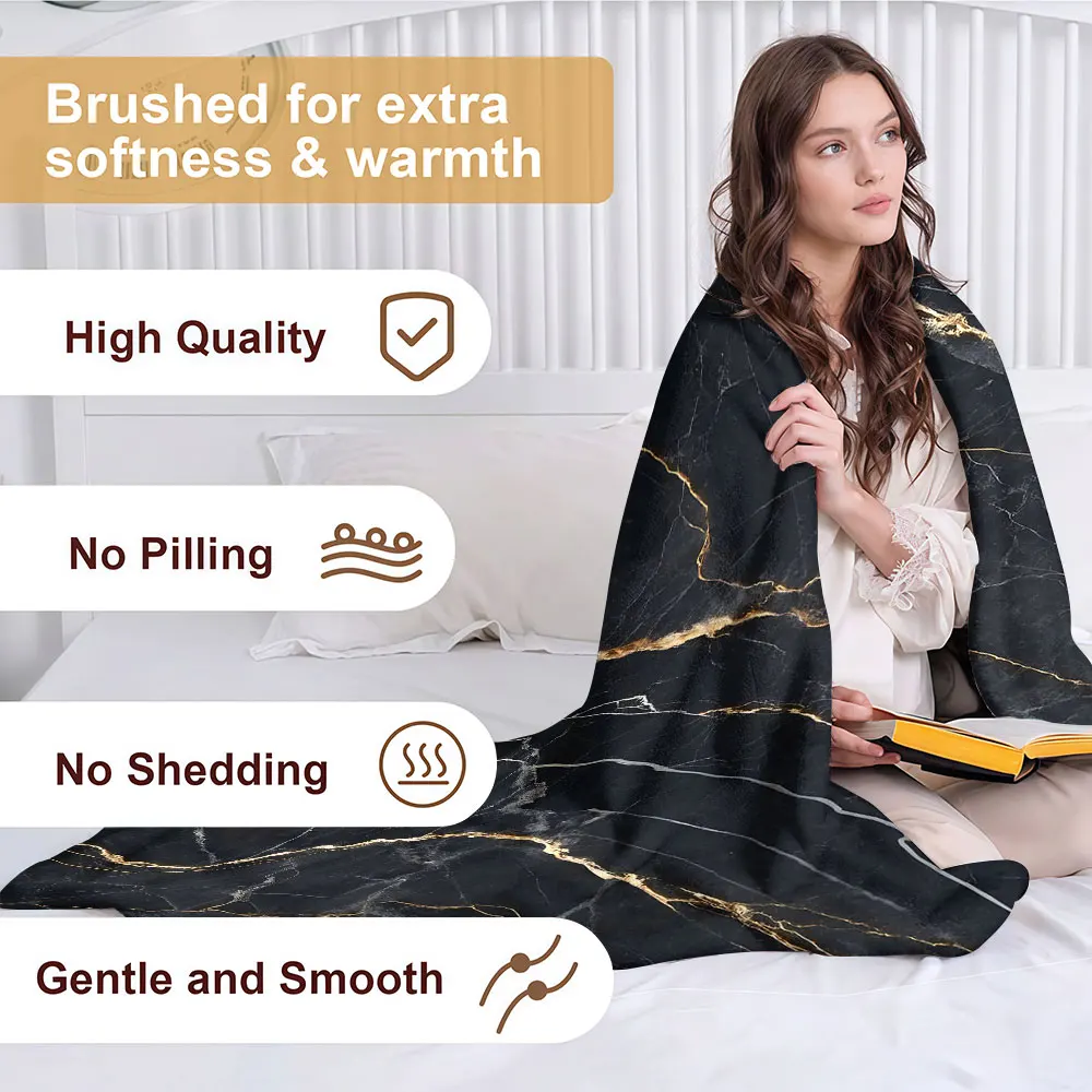 Black Gold Vein Marble Soft Warm Flannel Blanket Lightweight Cozy Christmas Halloween Home Decor Room
