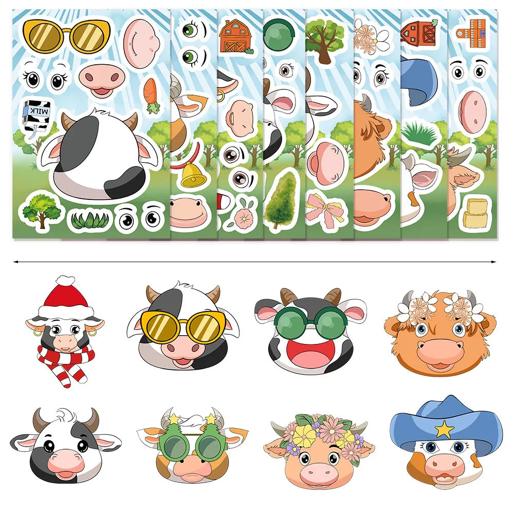 8 pièces dessin animé petite vache visage collier à langer mignon créatif bricolage manuel coque de téléphone tablette étiquette autocollants imperméables
