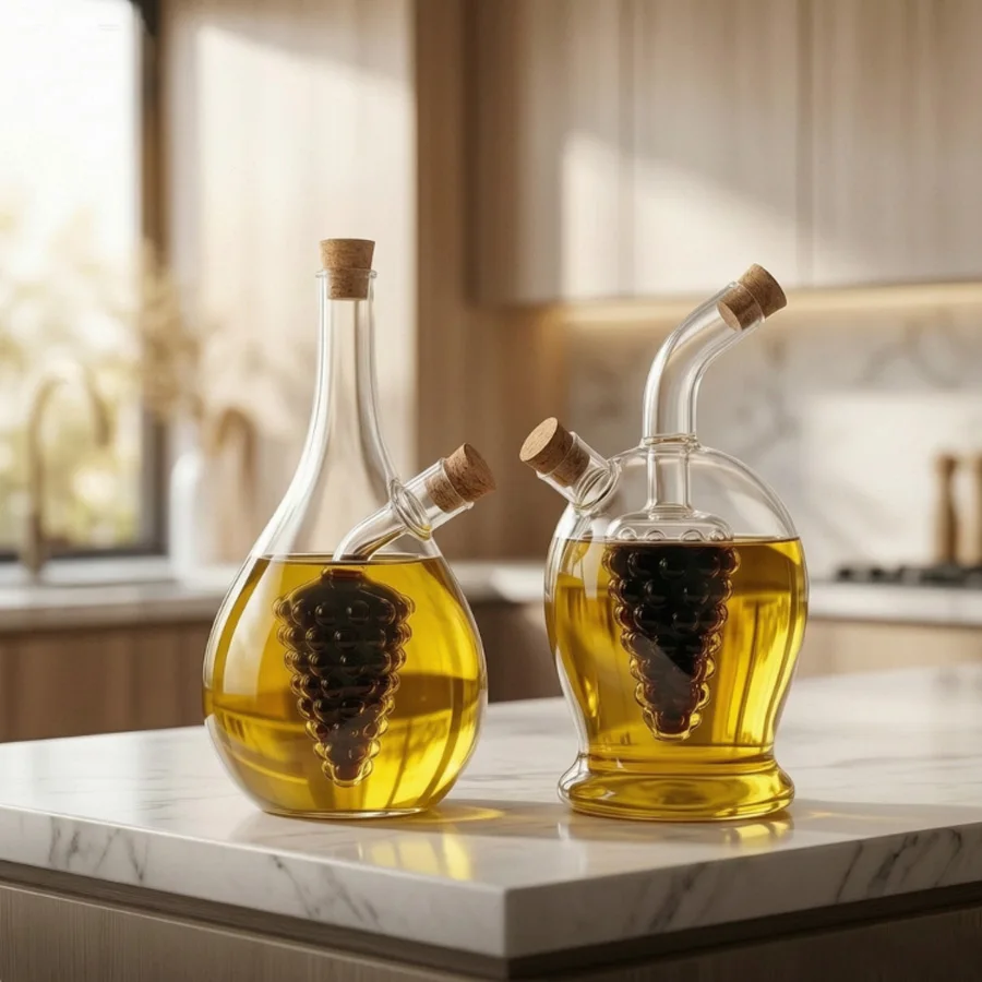 Space Saving 2-in-1 Oil Vinegar Bottle, No-Drip Dual Chamber Glass Dispenser, Precision Pouring Cruet for Salad & Cooking