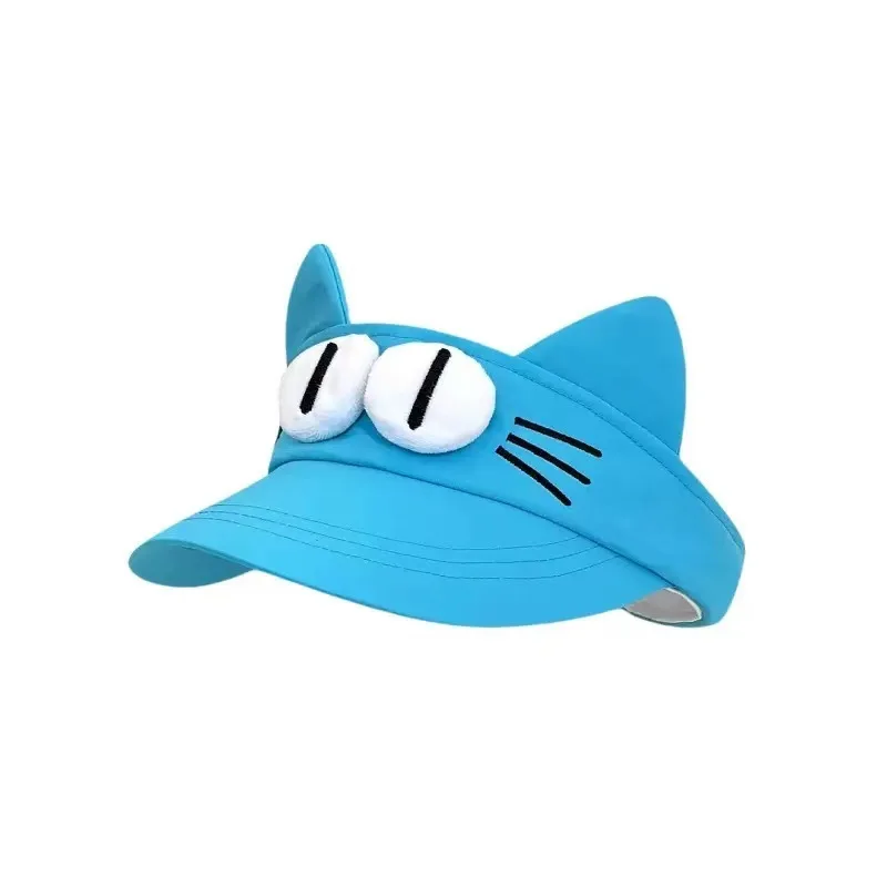 Cute Cat Ears Sun Visor Hat Women Lake Blue Open Top Sun Hat Summer UV Protection Cartoon Big Eyes Cat Cap Girls Trendy Sunshade