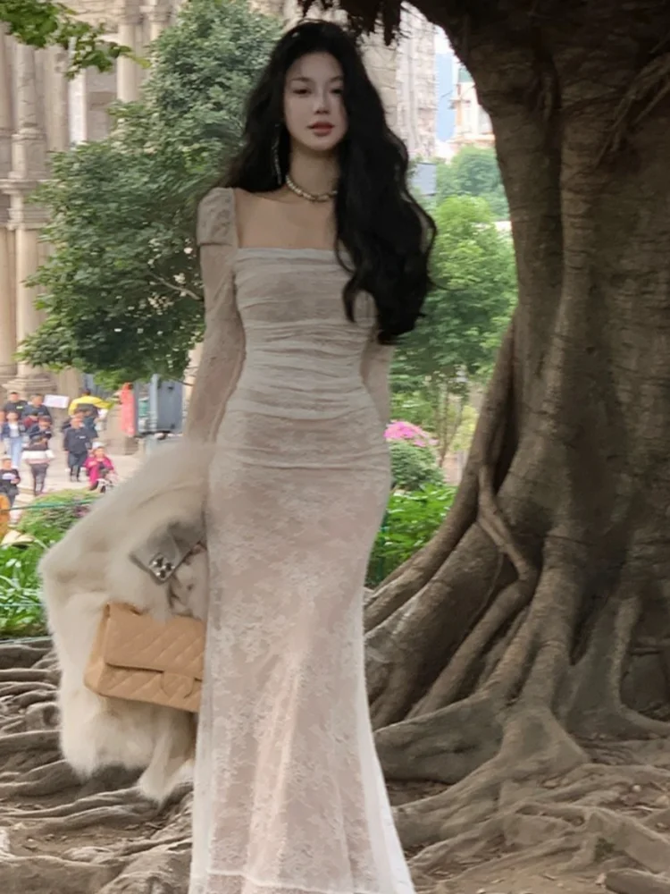 الخريف الأزهار الدانتيل ميدي المرأة فستان أنيق وأنيق Bodycon حفلة موسيقية فساتين الإناث خمر سليم ملابس السهرة جديد