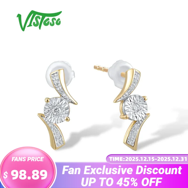

VISTOSO Genuine 9K 375 Two Tone Gold Stud Earrings For Women Sparkling Diamond Wedding Anniversary Simple Fashion Fine Jewelry