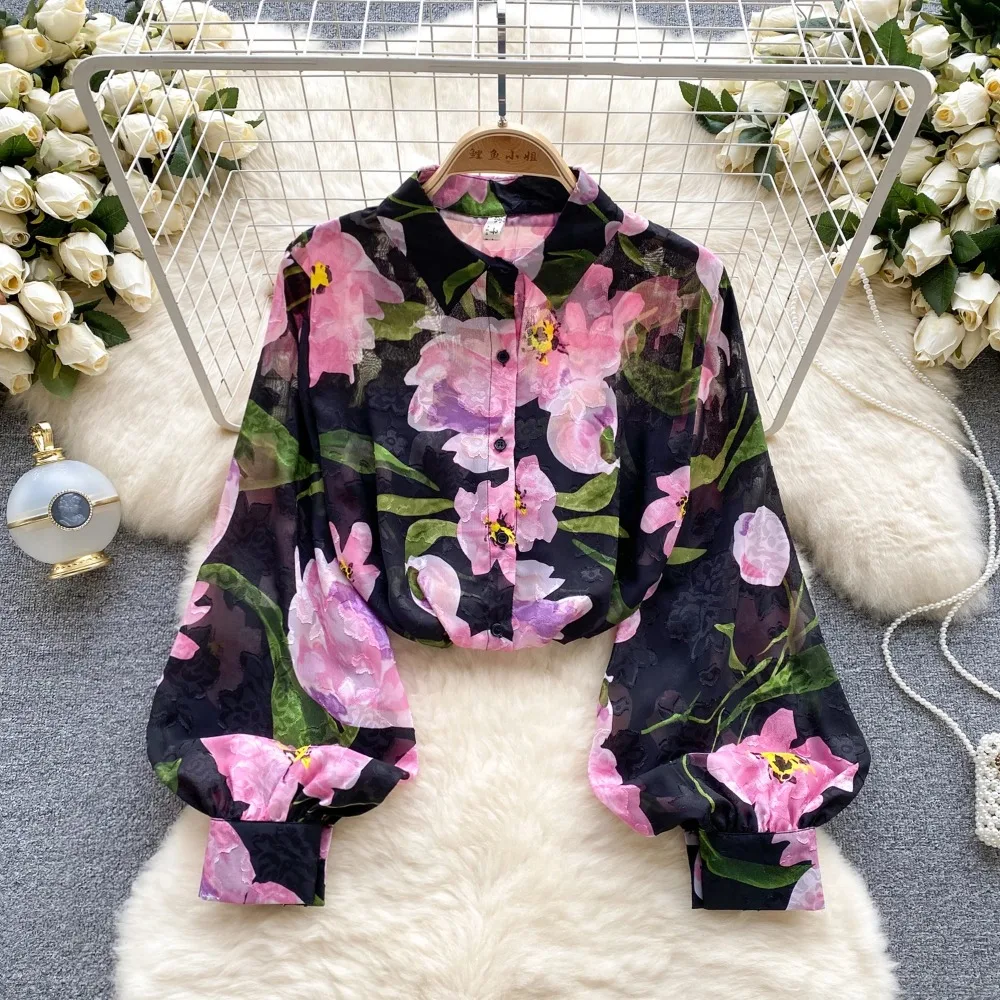 Vintage Elegant Lantern Sleeve Blouse Fashion Polo-neck  Shirt  Casual Chic Top Fairy  Summer Women