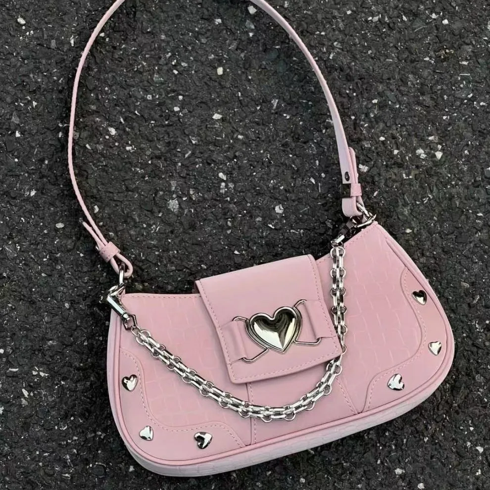 Hot Girls Y2k Handbag Women Vintage Sweet Cool Heart Chain Pink Underarm Bag Female Fairycore Aesthetic Shoulder Bag New Chain
