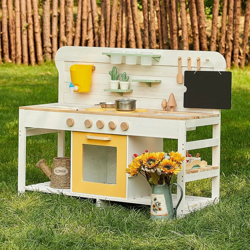 Kitchen for Kids Outdoor, Deluxe Wooden Toy Play Kitchen Set for Boys and Girls Ages 3-8 Indoor & Outdoor Activities