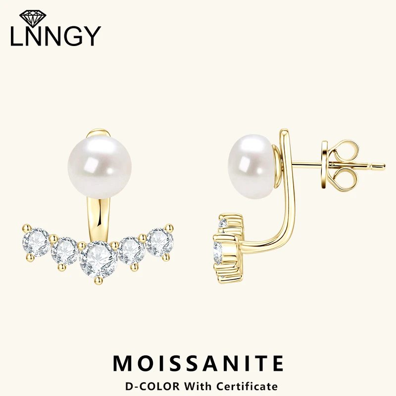 

﻿ Lnngy 925 Sterling Silver 4mm&3mm Moissanite Stud Earring For Women Front Back Double Sided Pierced Cultured Pearl Earring
